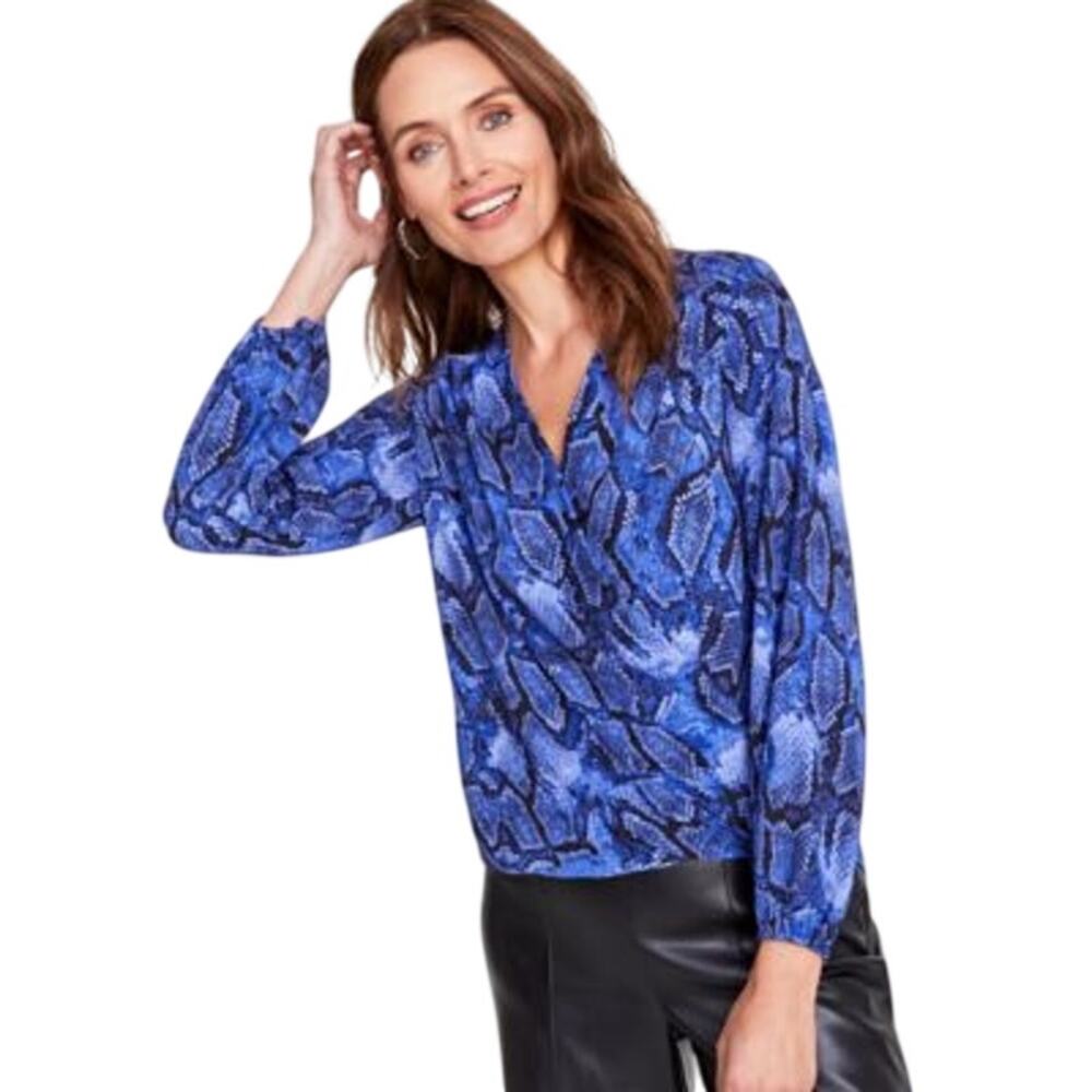 INC International Concepts Women's Printed Surplice Wrap Top in Vera Snake Blue
